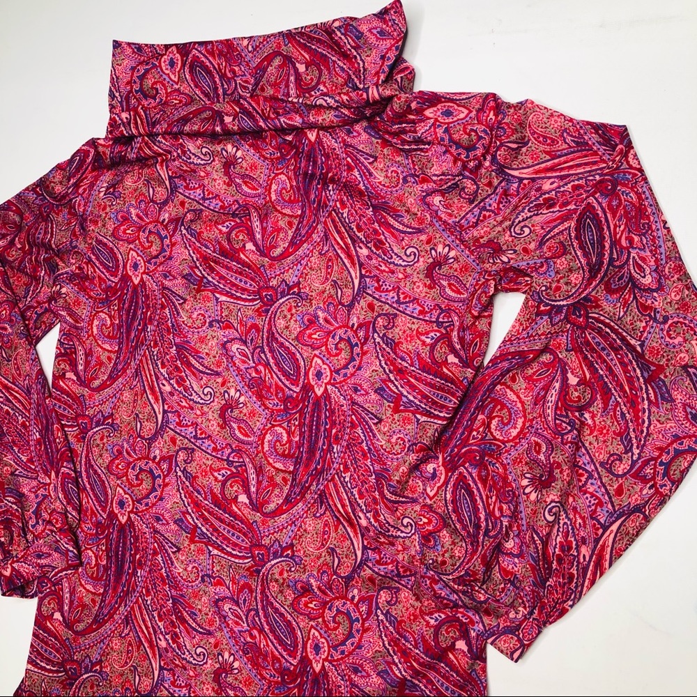 VTG OOAK 60s Paisley Turtleneck Top Blouse Purple Red Psychedelic Long Sleeve